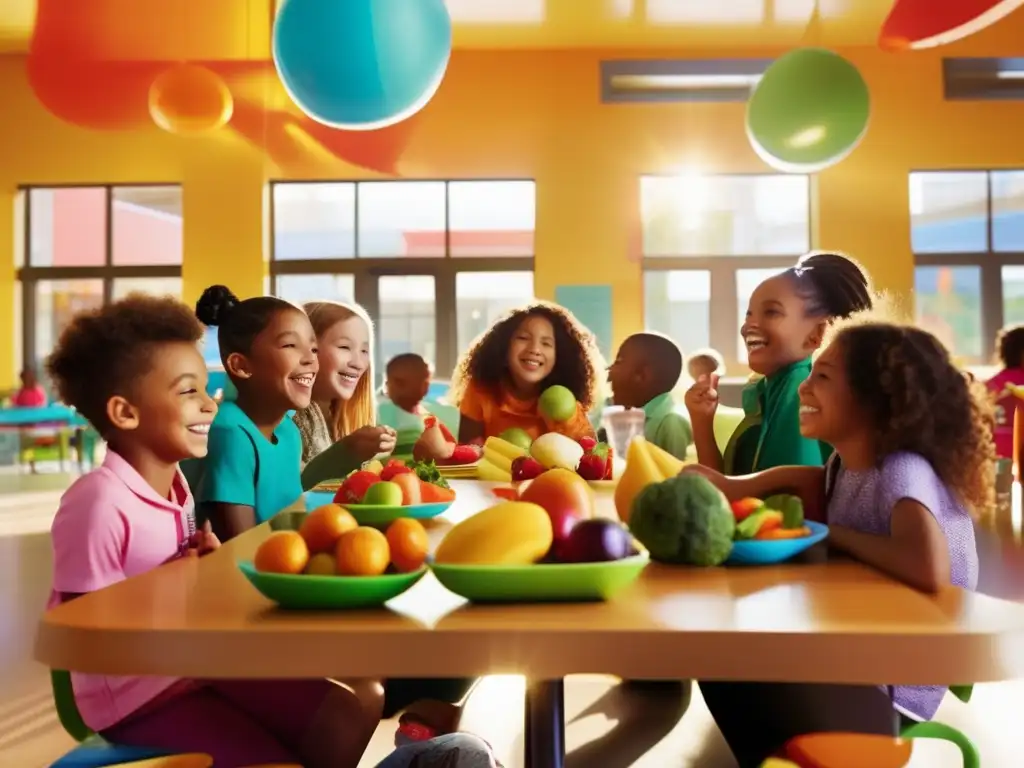 Un grupo diverso de niños sonrientes disfruta de una comida saludable y colorida en la cafetería de la escuela, enseñando nutrición en las escuelas.