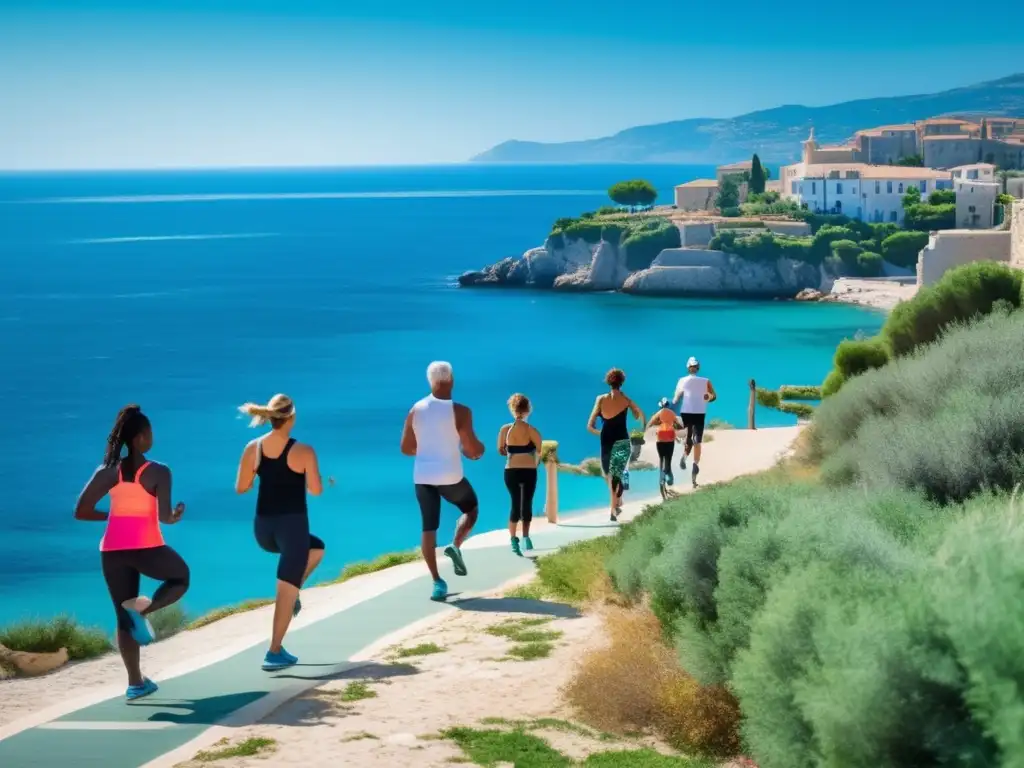 Un grupo diverso de personas disfruta de actividades físicas como yoga, correr, nadar y montar en bicicleta en la hermosa costa del Mediterráneo. El fondo de aguas azules, cielos despejados y vegetación exuberante destaca la relación armoniosa entre la dieta mediterránea y