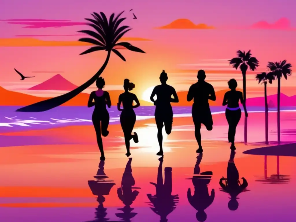 Un grupo diverso de personas disfruta de actividades físicas como yoga, correr y andar en bicicleta en una hermosa playa mediterránea al atardecer, con tonos naranjas y rosados pintando el cielo. El mar brilla con el reflejo del sol poniente, y las siluetas de las
