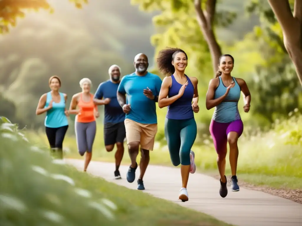 Un grupo diverso de personas ejercitándose al aire libre, corriendo, andando en bicicleta y practicando yoga en un entorno natural. La imagen transmite energía, vitalidad y bienestar, destacando los beneficios de la actividad física en el viaje hacia la pérdida de peso.