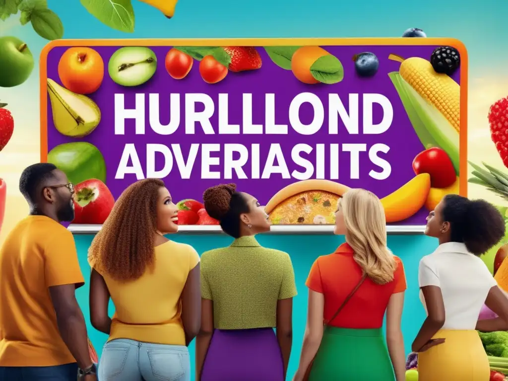 Un grupo diverso de personas mira un cartel con publicidad de comida poco saludable, contrastado con frutas y verduras frescas. La imagen invita a reflexionar sobre cómo la publicidad influencia los hábitos alimenticios.