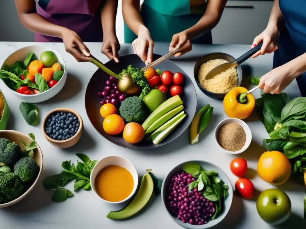 Un grupo diverso de personas preparando y disfrutando de una comida saludable y colorida en una cocina moderna y luminosa. <b>Transmitiendo vitalidad y comunidad, invita a adoptar tendencias alimentación saludable década.