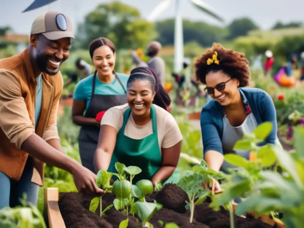 Un grupo diverso de personas cultiva un jardín comunitario, promoviendo estrategias nutricionales cambio climático con energías renovables.