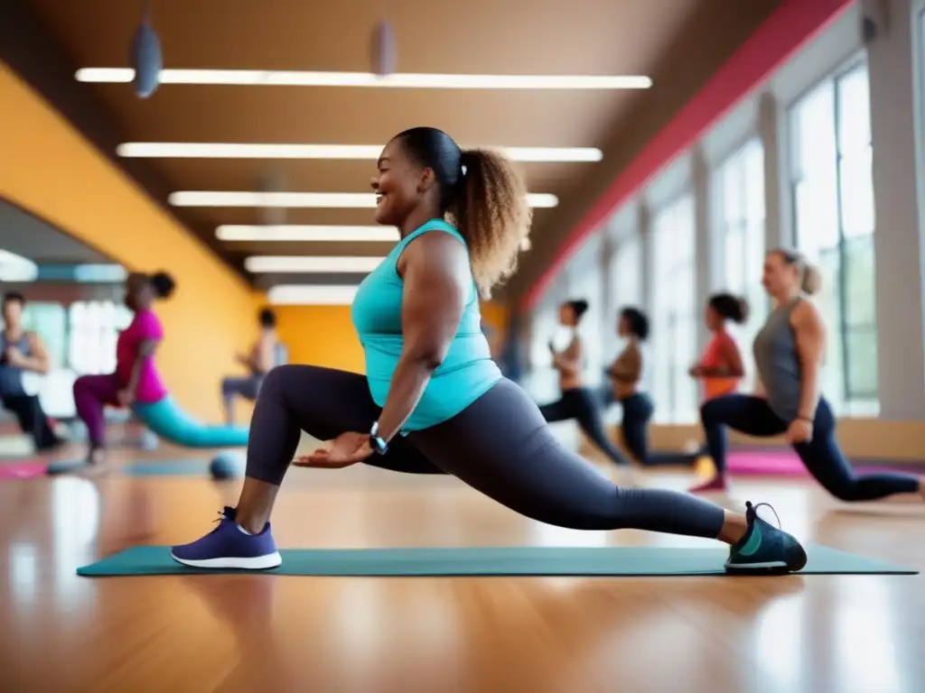 Un grupo diverso de personas con diabetes participando en diversas actividades físicas en un gimnasio moderno y luminoso, transmitiendo empoderamiento, salud y inclusión. <b>Manejo de la diabetes a través del ejercicio.