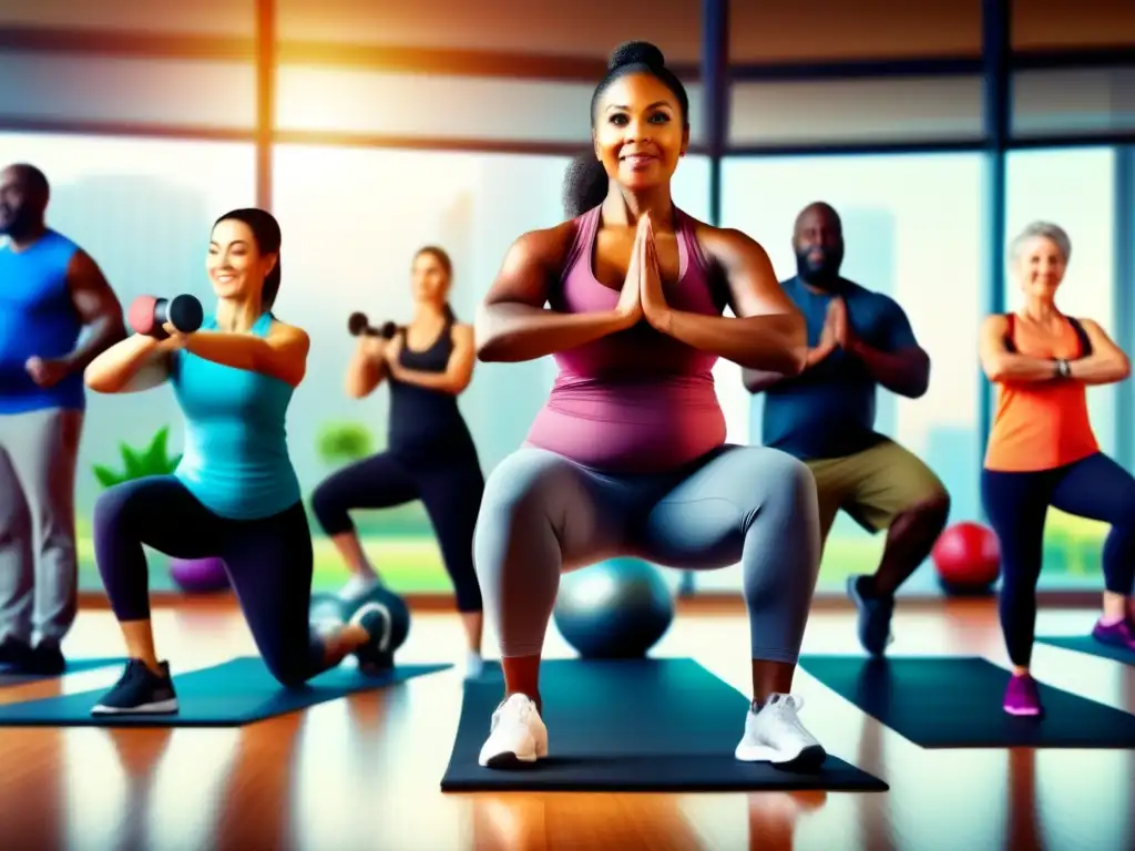 Un grupo diverso de personas de diferentes edades y etnias se ejercita en un gimnasio moderno, enfocándose en actividades como yoga, levantamiento de pesas y ejercicios cardiovasculares. La imagen capta la energía y determinación de los individuos mientras trabajan en el manejo de la diabetes a