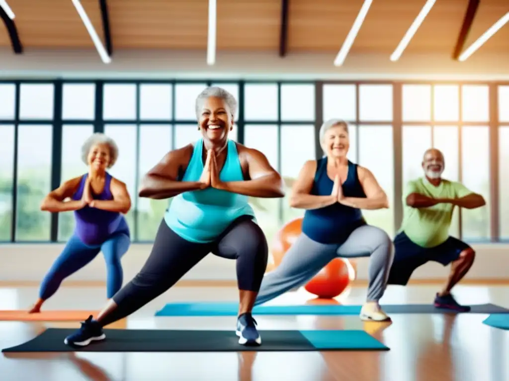 Un grupo diverso de personas mayores activas disfruta de diversas actividades de fitness en un gimnasio luminoso y moderno. Transmiten vitalidad y energía, resaltando la importancia de los suplementos esenciales para mayores de 50.
