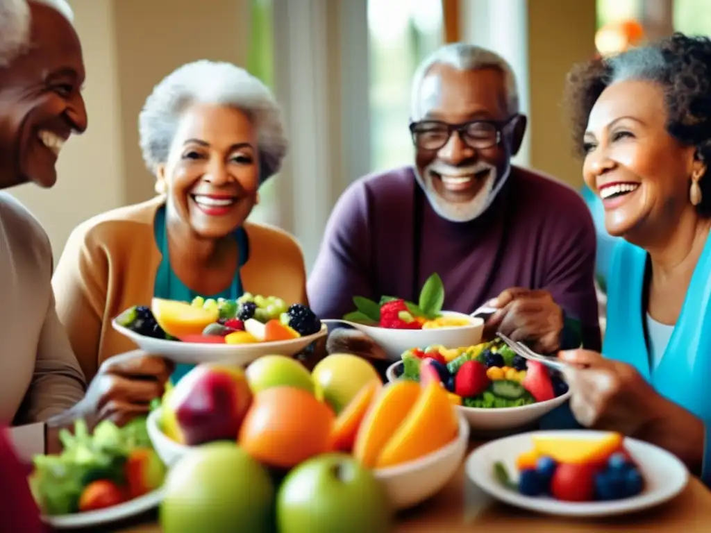 Un grupo diverso de personas mayores sonríe y disfruta de una comida colorida y nutritiva juntos, resaltando la importancia de una dieta adaptada a las dificultades en la tercera edad.