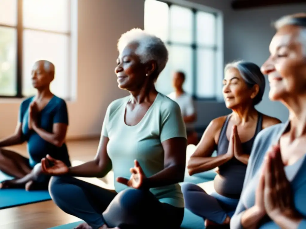 Un grupo diverso de personas mayores participa en una sesión de yoga suave, destacando la calma y el bienestar. El ambiente tranquilo y la serenidad se reflejan en la imagen. <b>Suplementos para diabéticos de edad avanzada.