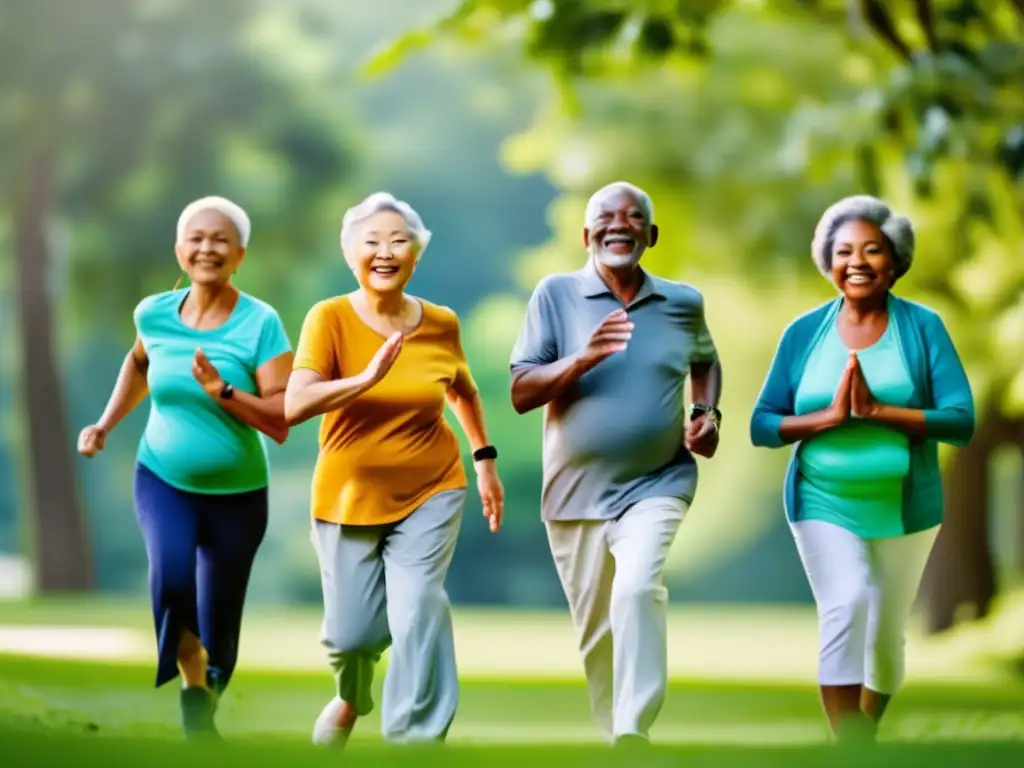 Un grupo diverso de personas mayores disfruta de actividades al aire libre en un parque. La imagen transmite vitalidad y bienestar, destacando la importancia de la hidratación para prevenir enfermedades relacionadas con la vejez.