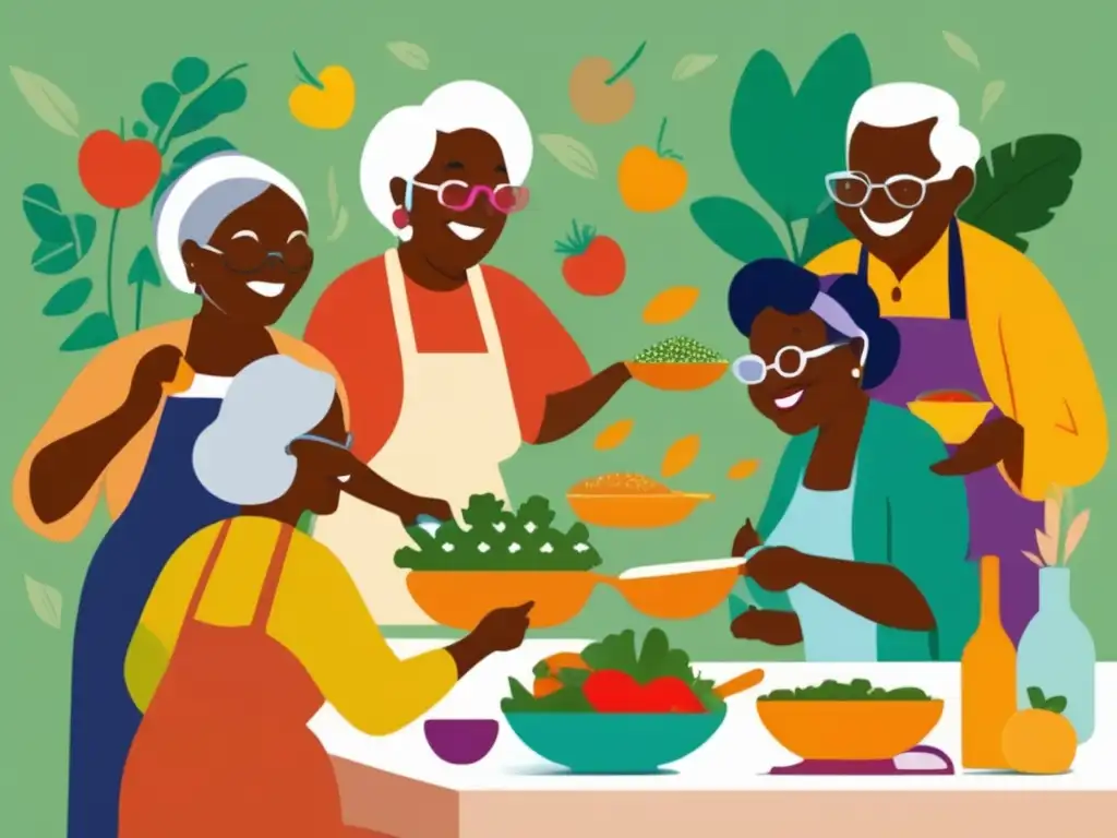 Un grupo diverso de personas mayores disfrutando de actividades saludables y sociales juntos, fomentando la nutrición adecuada en la tercera edad.