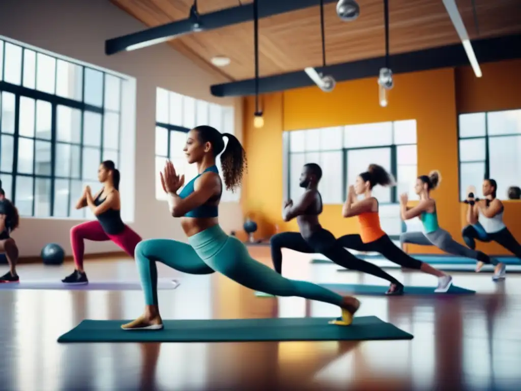 Un grupo diverso de personas se ejercita con determinación en un moderno estudio de fitness, transmitiendo vitalidad y energía.