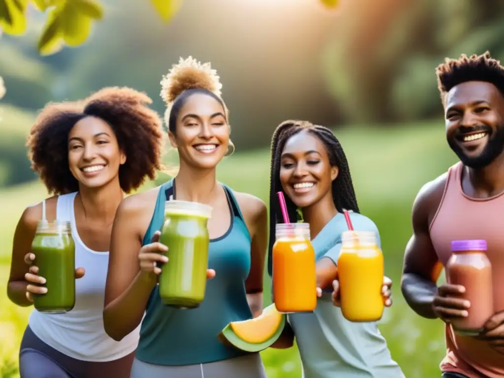 Un grupo diverso y sonriente disfruta de actividades al aire libre con alternativas saludables de bebidas energéticas en un parque verde y soleado.