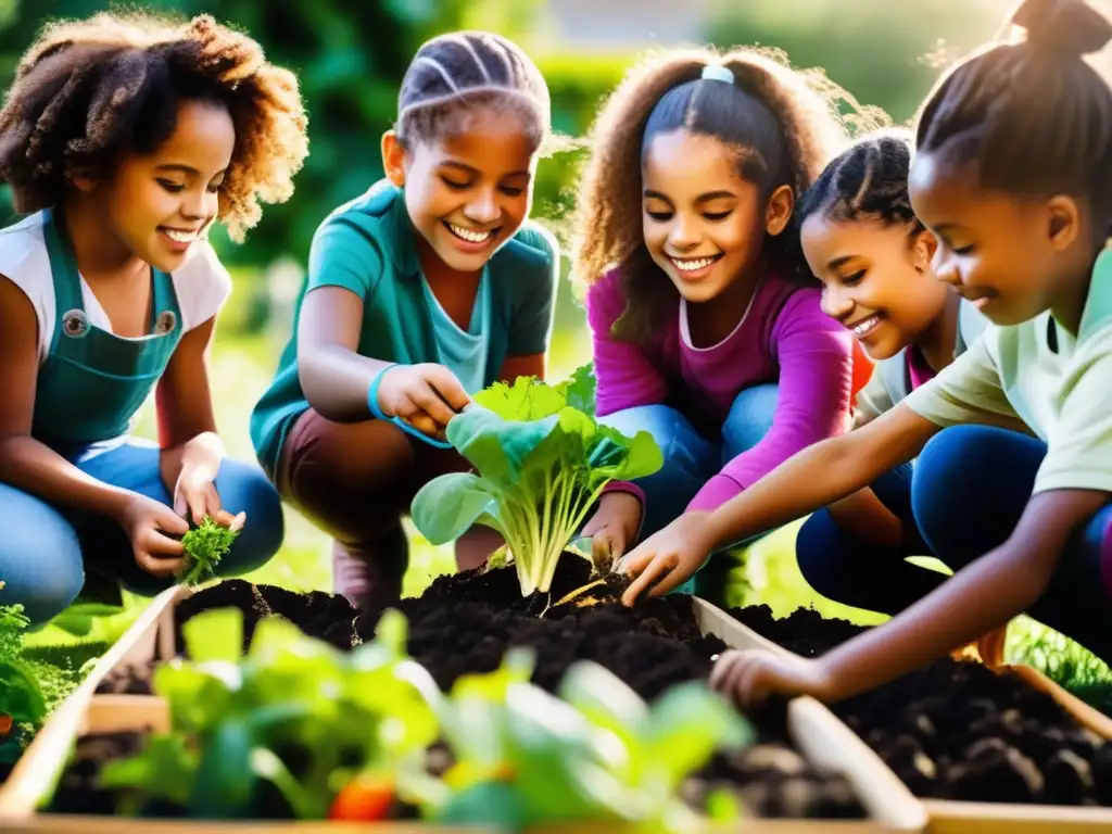 Un grupo diverso de niños planta y cuida vegetales en un jardín escolar, mostrando los valores de la alimentación vegetariana en menú escolar.