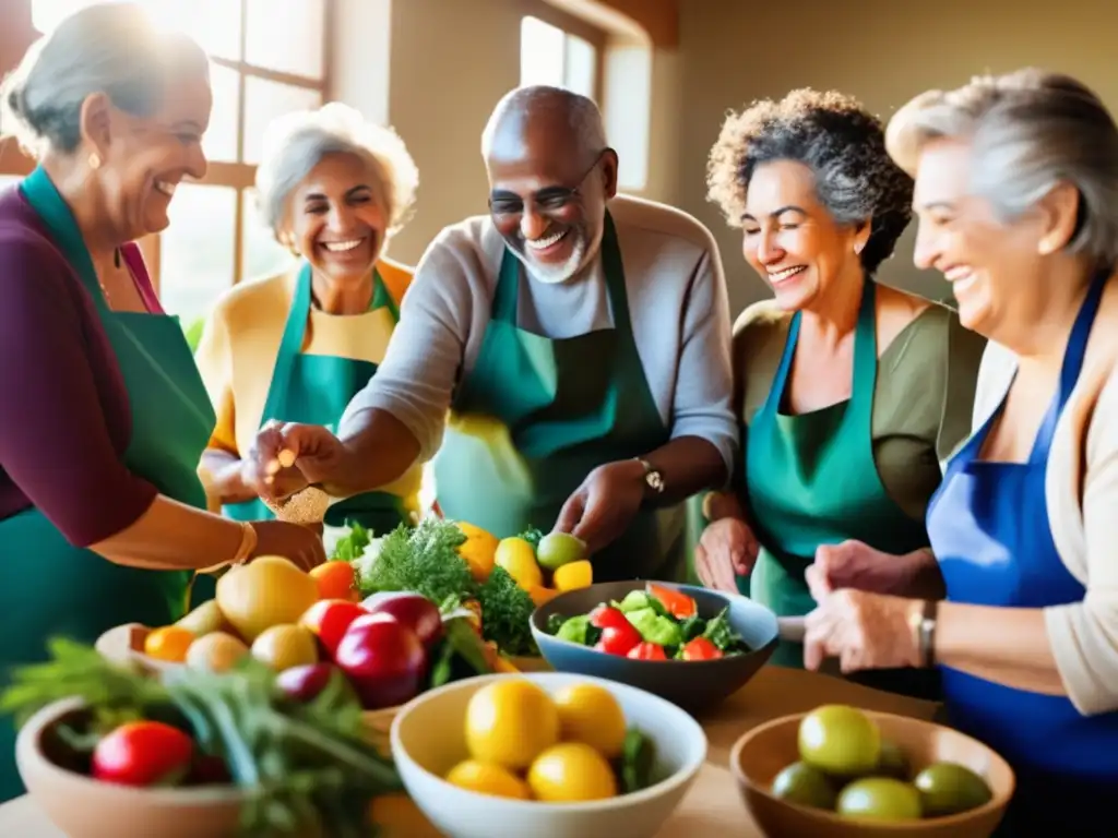 Un grupo diverso y vibrante de adultos mayores disfruta de una clase de cocina de la Dieta Mediterránea, rodeados de alimentos frescos y coloridos. La luz del sol ilumina la escena, mientras comparten risas y conversaciones. Captura la vitalidad y la comunidad de adoptar la Dieta Mediterránea en la ve
