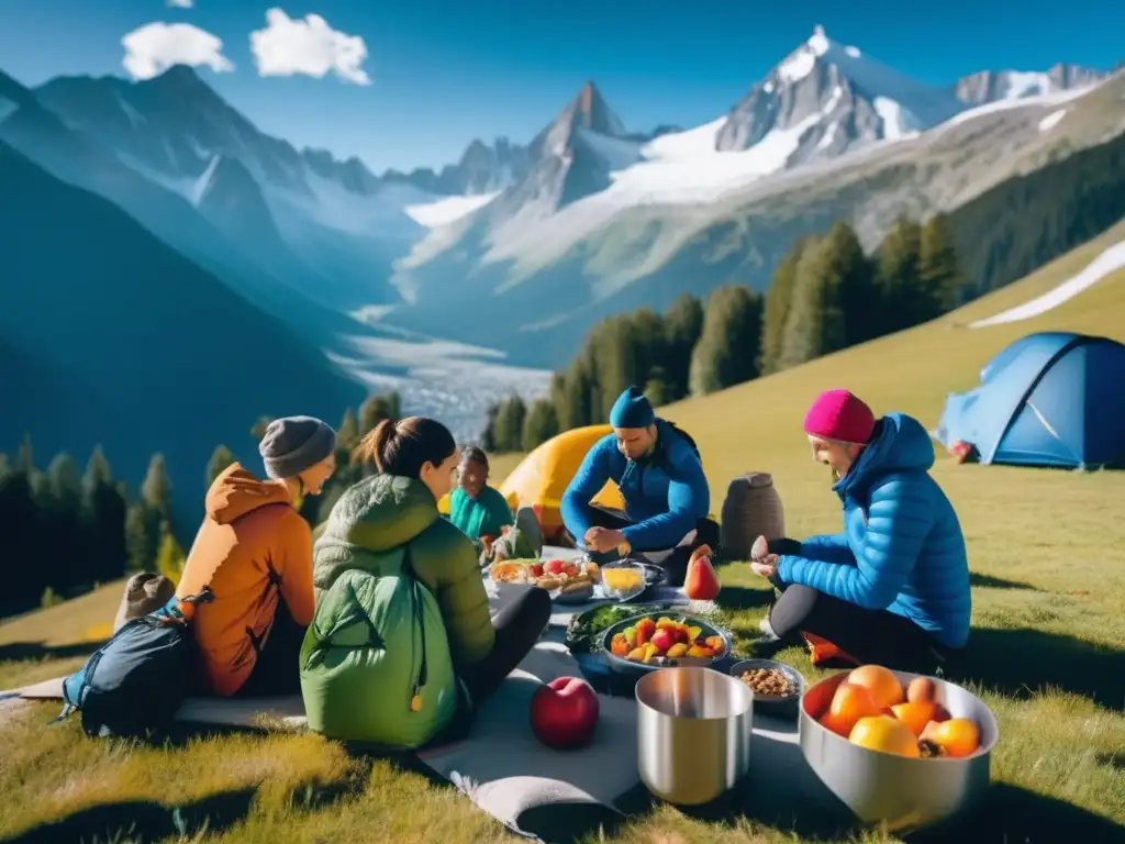 Un grupo de escaladores disfruta de una comida balanceada en un campamento base en las montañas. <b>Alimentación para escalada y alpinismo.