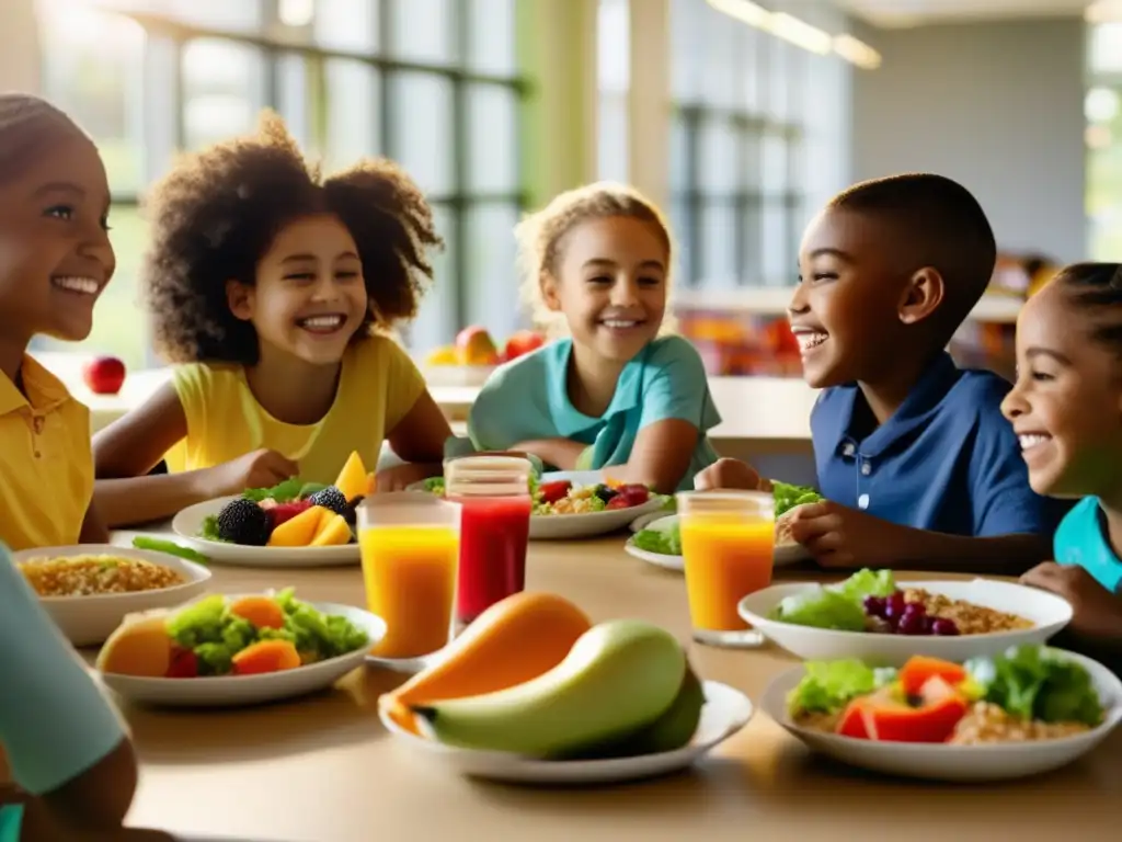 'Grupo escolar diverso disfruta una comida colorida y nutritiva en cafetería luminosa', generando concienciación nutricional en escuelas.