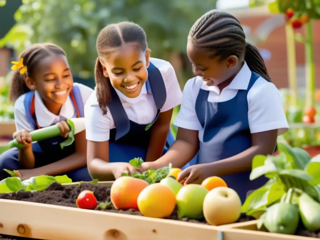 Niños felices cultivando un jardín escolar