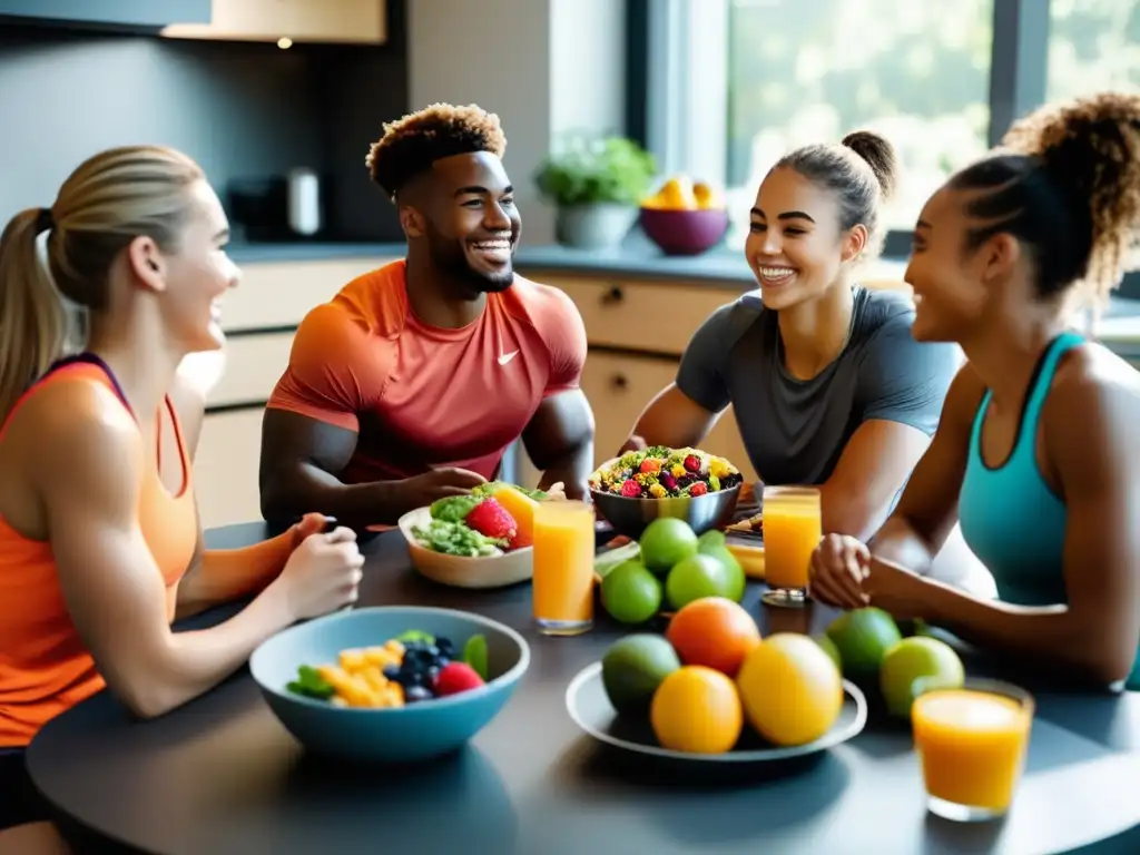 Un grupo de jóvenes atletas disfruta de una comida posentrenamiento colorida y nutritiva en una cocina moderna y luminosa, promoviendo una dieta saludable para jóvenes atletas.