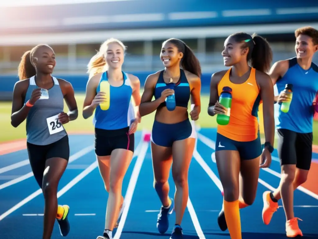Atletas adolescentes se preparan con energía y nutrición en la pista Un grupo de jóvenes atletas se prepara para entrenar, hidratándose y comiendo frutas y barras de proteínas. La escena irradia energía y determinación, capturando la esencia de la nutrición deportiva para adolescentes.