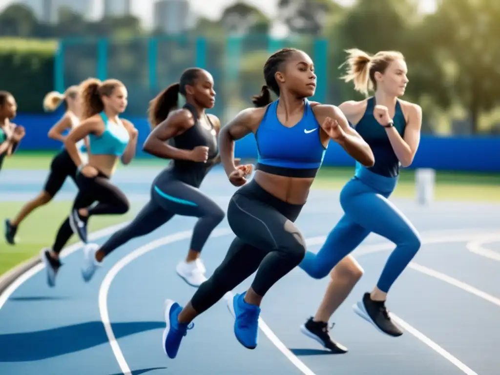 Un grupo de jóvenes atletas en moderna indumentaria deportiva realizando diversos estiramientos dinámicos y ejercicios de calentamiento en una pista atlética vibrante y bañada por el sol. Los atletas están rodeados de exuberante vegetación y modernas instalaciones deportivas, con un telón de