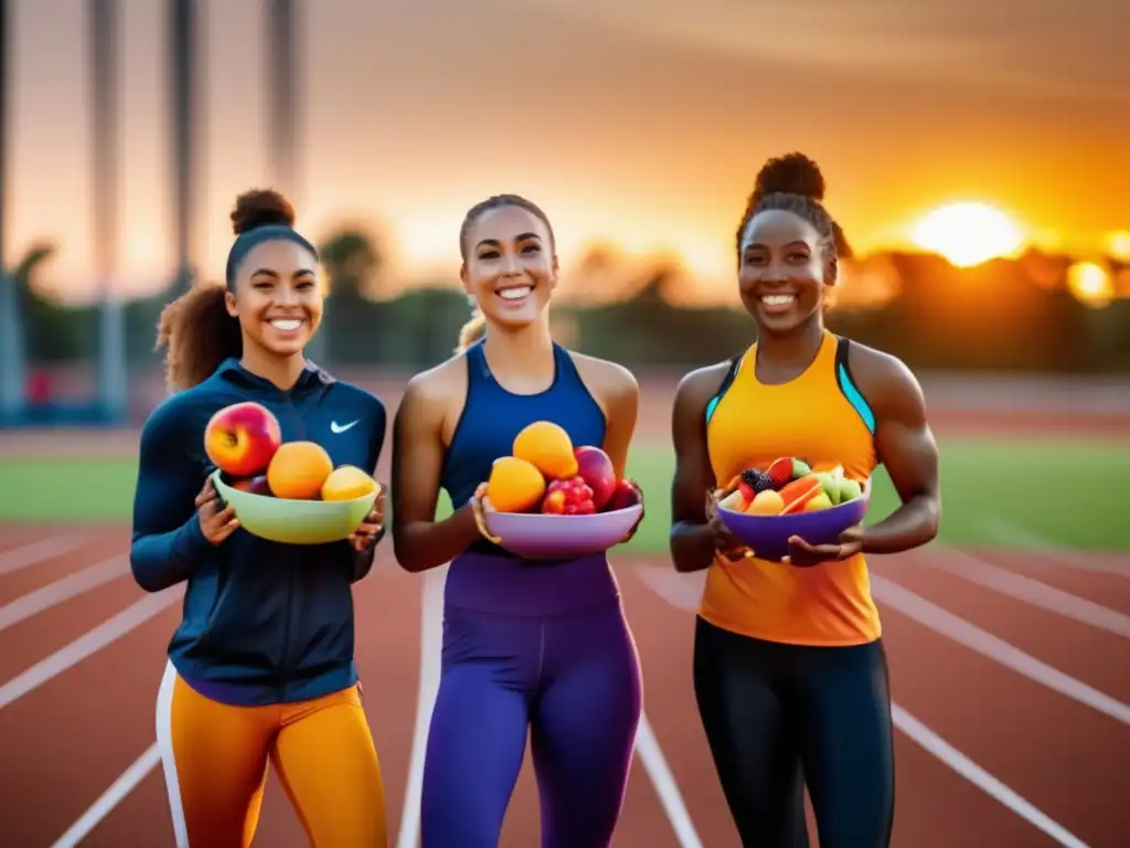 Un grupo de jóvenes atletas en la pista, disfrutando de una dieta saludable para jóvenes atletas al atardecer.