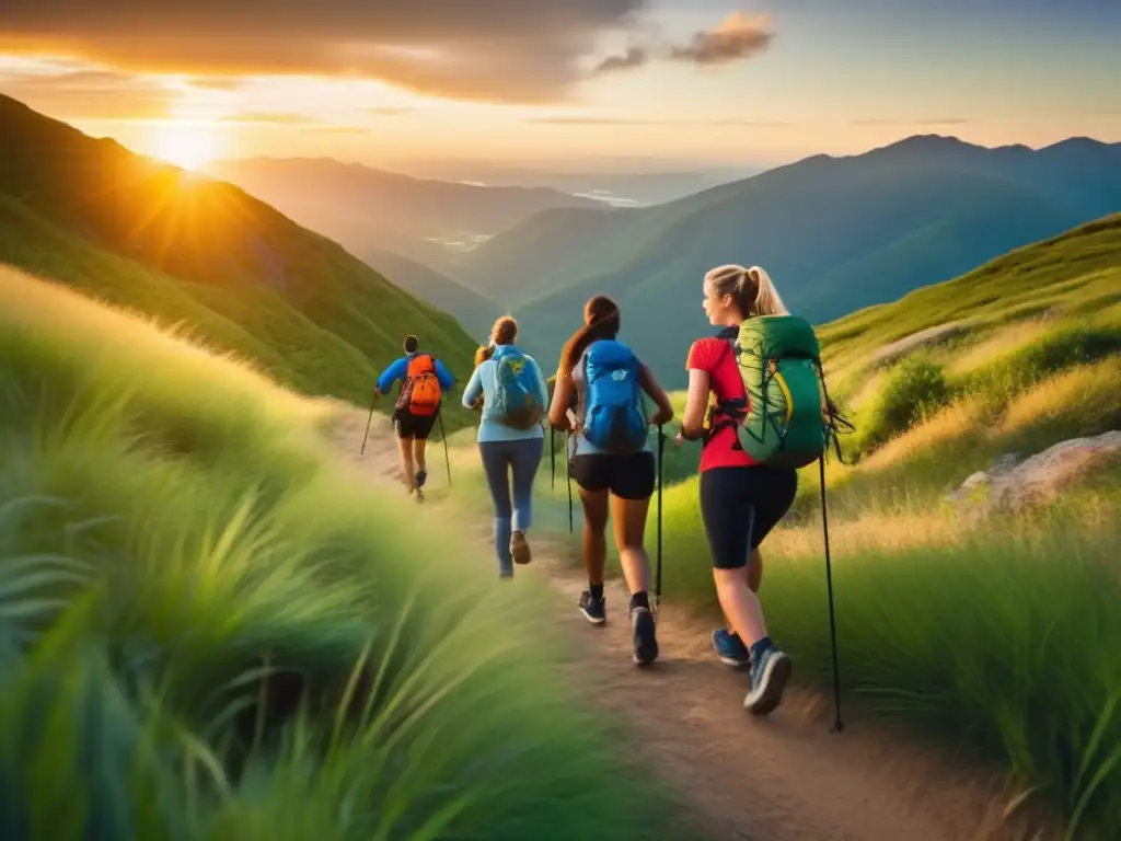 Un grupo de jóvenes camina en un sendero de montaña verde mientras el sol se pone, transmitiendo vitalidad y energía. (Alternativas saludables bebidas energéticas)