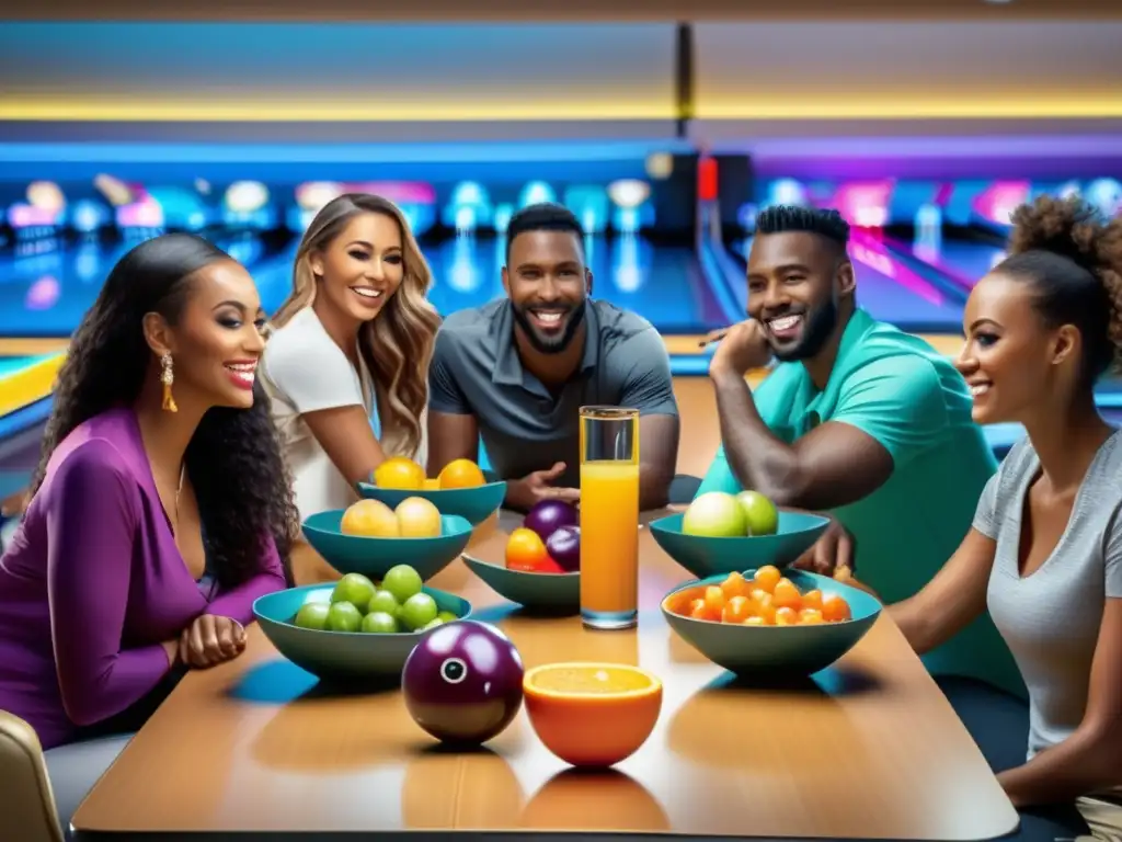 Un grupo de jugadores de boliche disfrutando de una dieta para jugadores de boliche en una mesa moderna y colorida.