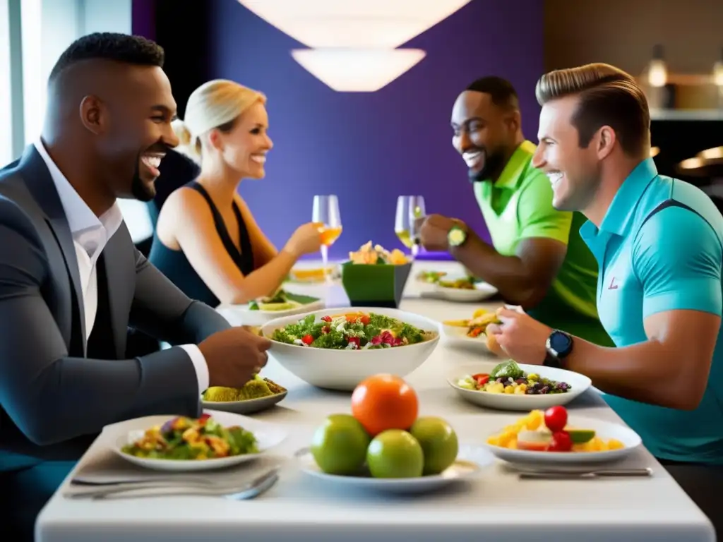 Un grupo de jugadores de bolos disfrutando de una comida balanceada y nutritiva, adaptada a sus necesidades dietéticas específicas como atletas de alto rendimiento. La imagen irradia profesionalismo y modernidad, destacando los requisitos dietéticos específicos para los jugadores de bolos de manera atractiva y a