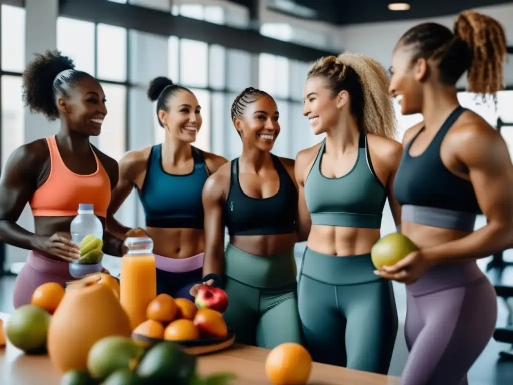 Un grupo de mujeres atletas diversas y seguras, rodeadas de alimentos saludables, preparándose para una sesión de entrenamiento. <b>Atmosfera vibrante y empoderada.</b> <b>Nutrición deportiva para mujeres.