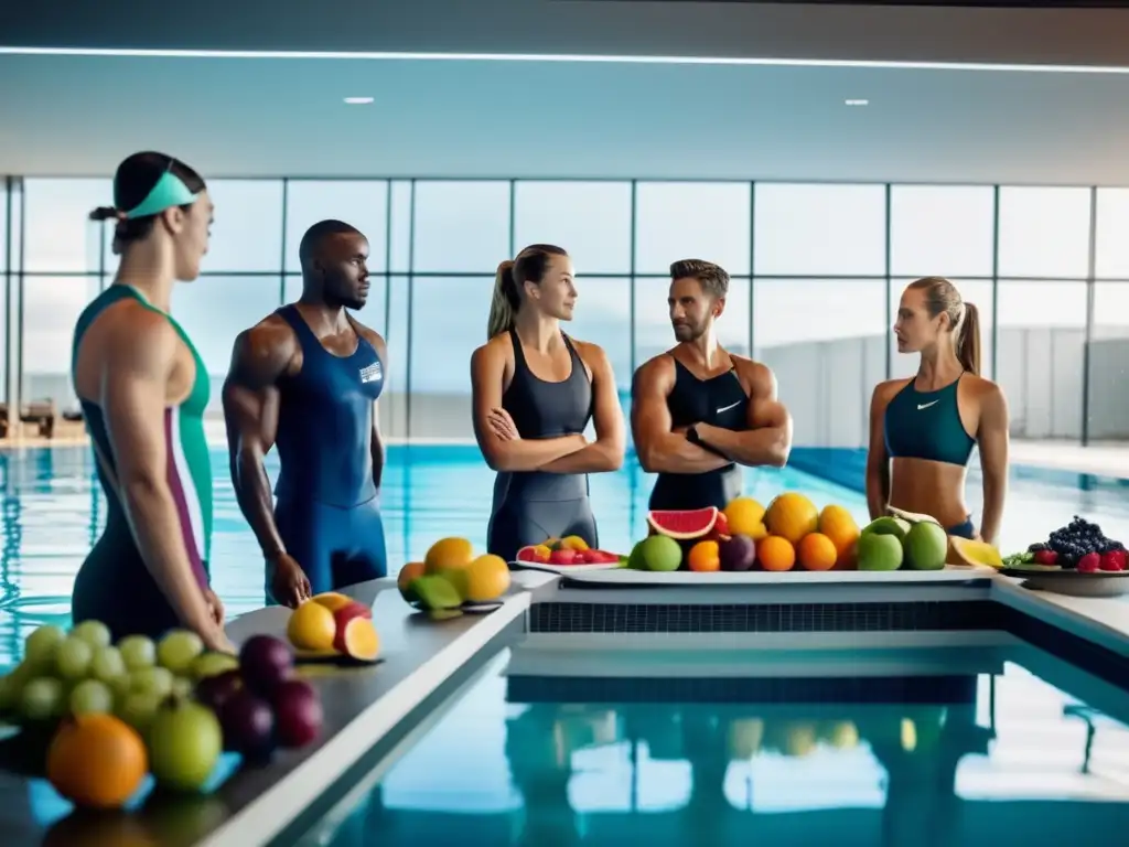 Un grupo de nadadores de competición en la piscina, rodeados de alimentos y suplementos, mientras discuten un plan de dieta balanceada para nadadores competición con un nutricionista.