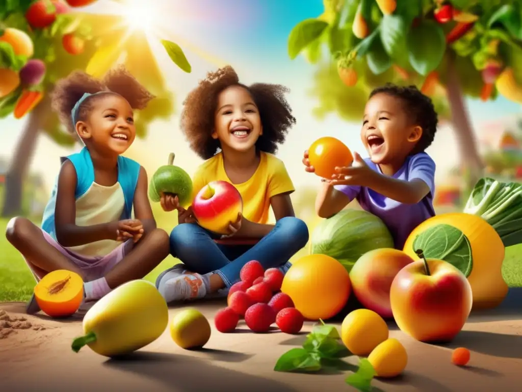 Un grupo de niños diversos juega al aire libre bajo el brillante sol, rodeados de frutas y verduras coloridas. Captura la alegría y energía de la infancia, promoviendo un estilo de vida saludable y natural, relevante para los suplementos vitamínicos necesarios en la infancia.