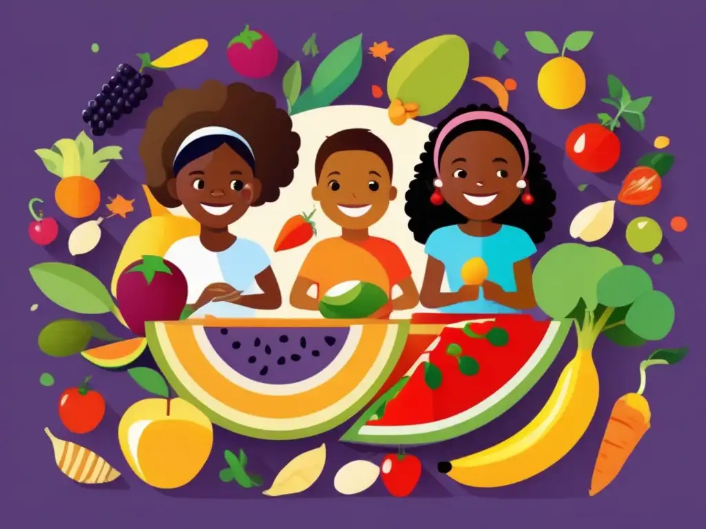 Un grupo de niños disfruta de alimentos saludables en una ilustración moderna y colorida, con hélices genéticas entrelazadas en el fondo para representar la conexión entre genética y nutrición. La imagen es vibrante y educativa, mostrando diversidad étnica y elementos científicos relacionados con la nutrigen