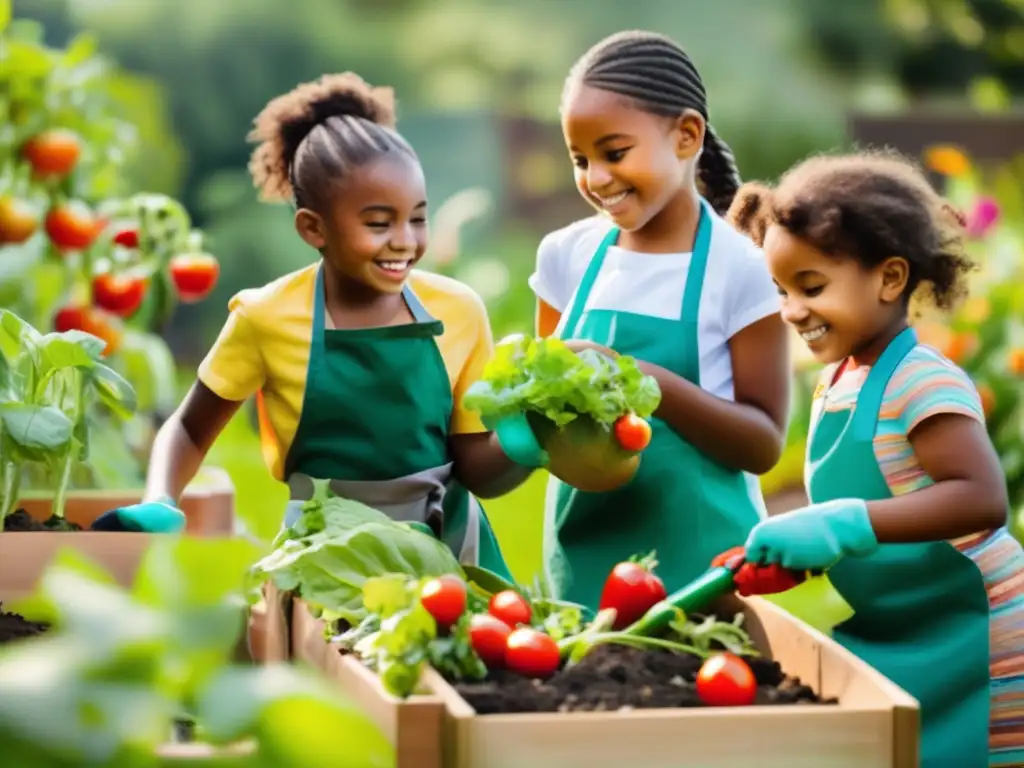 Niños felices cultivando un huerto de frutas y verduras Un grupo de niños diversos cuida con entusiasmo un huerto vibrante, demostrando la importancia de la educación nutricional a través de la agricultura.