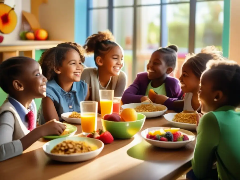 Un grupo de niños escolares diversos disfruta un desayuno nutritivo y animado en compañía de una maestra y una nutricionista. <b>La imagen transmite calidez, comunidad y la importancia de los desayunos escolares en el desarrollo infantil.