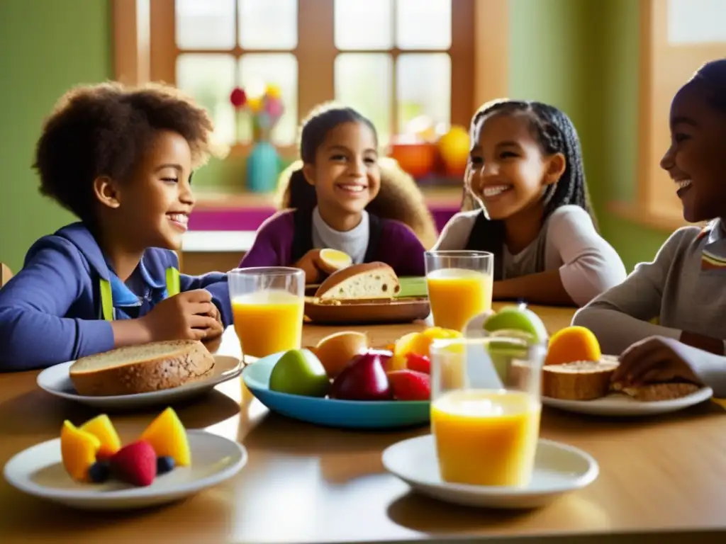 Un grupo de niños escolares diversos disfruta un desayuno saludable y colorido juntos, resplandeciendo vitalidad y alegría. <b>Importancia desayunos escolares desarrollo infantil.