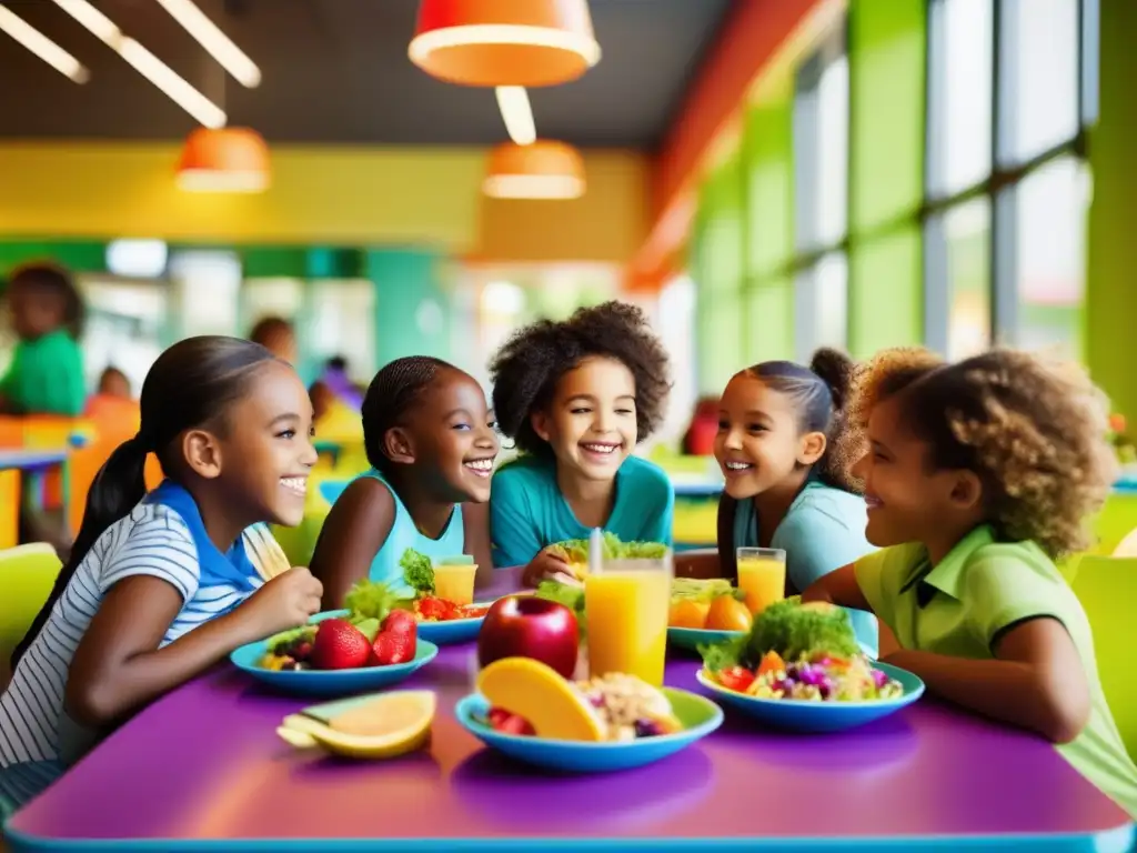 Un grupo de niños escolares disfruta de un menú saludable en un comedor escolar moderno y colorido, creando un ambiente cálido y acogedor que destaca la importancia de implementar un menú saludable en los comedores escolares.