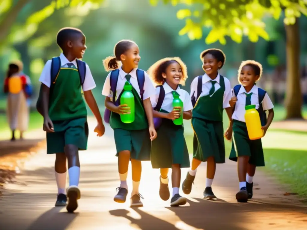 Un grupo de niños escolares sonrientes caminan juntos por un sendero soleado, llevando botellas de agua reutilizables y disfrutando de un entorno natural. <b>Sus risas y gestos transmiten energía y vitalidad, creando una escena saludable y alegre.</b> <b>Alternativas saludables bebidas escolares.