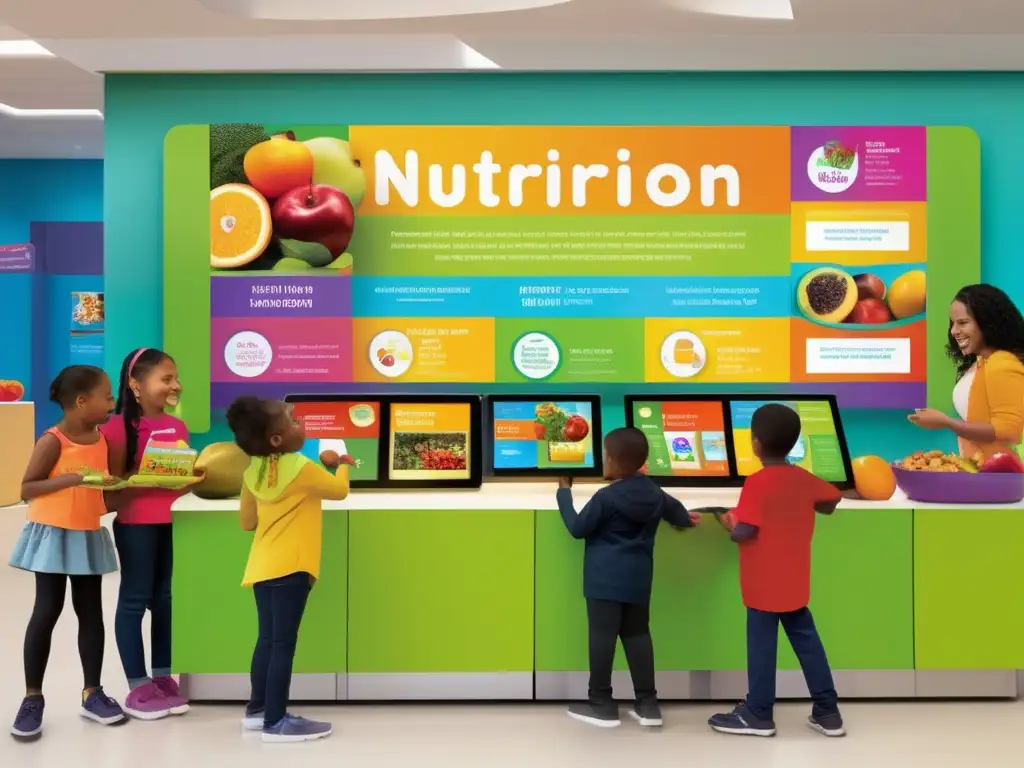 Un grupo de niños de escuela diverso participa entusiasmado en una exhibición interactiva sobre nutrición en las escuelas.