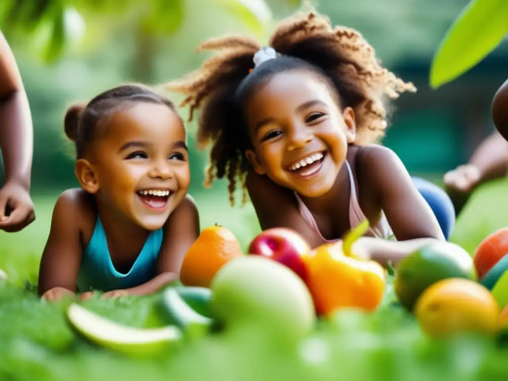 Un grupo de niños felices y saludables juegan en un parque verde, resaltando la importancia de los minerales en la nutrición infantil. Frutas y verduras vibrantes están esparcidas a su alrededor, creando una atmósfera de vitalidad y bienestar.