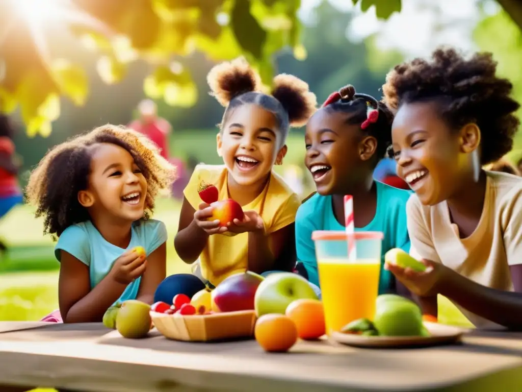 Un grupo de niños diversos comparte merienda saludable en un parque soleado. <b>Consejos para equilibrar vida social y alimentación saludable en niños.