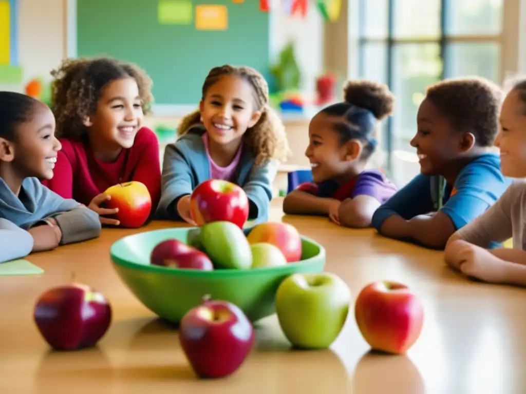 Un grupo de niños de primaria diverso aprende sobre alimentación equilibrada en una vibrante aula llena de luz natural y carteles educativos.