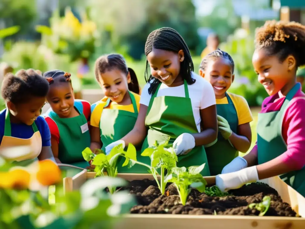 Niños felices cultivando un huerto escolar diverso Un grupo de niños diversos plantando y cuidando vegetales y hierbas en un jardín escolar. La imagen transmite alegría, descubrimiento y la importancia de la educación nutricional.