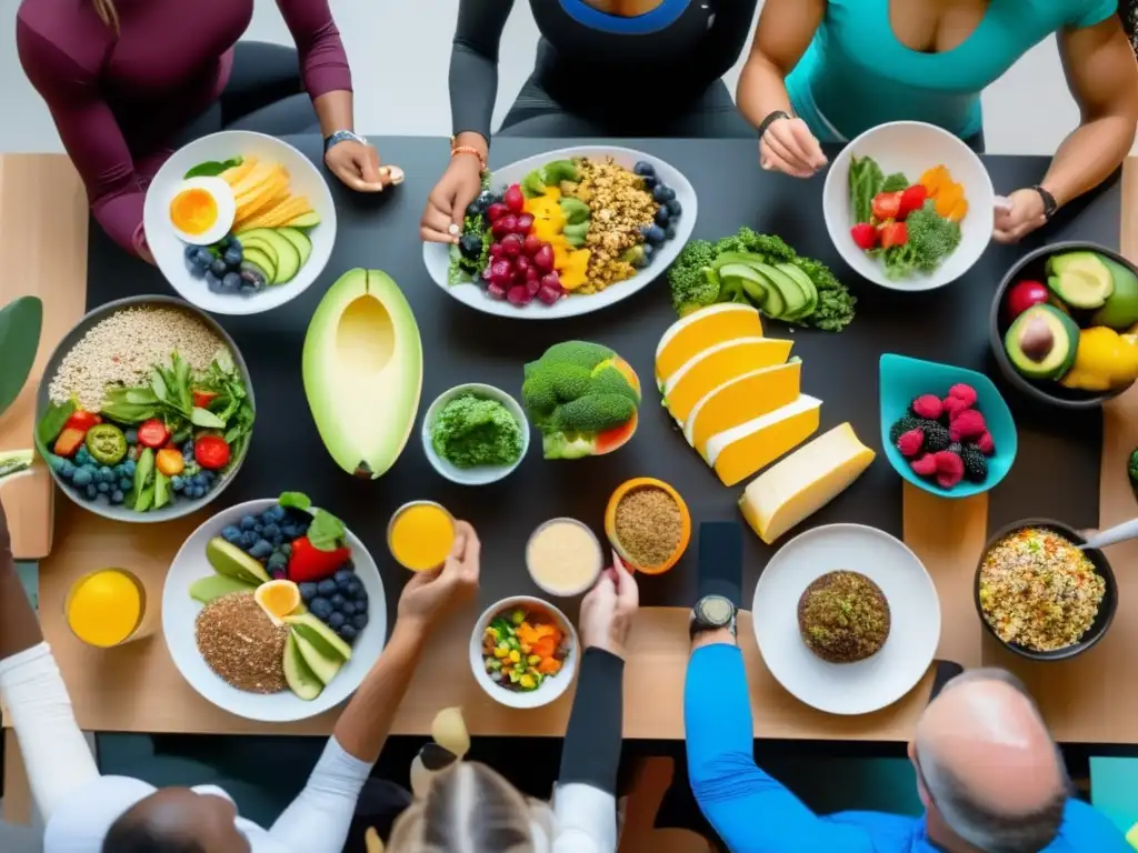 Un grupo de nutricionistas y atletas planificando nutrición para carrera deportiva sostenible, rodeados de alimentos coloridos y saludables.