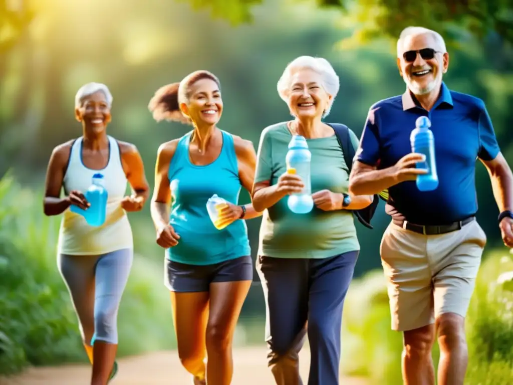 Un grupo de personas mayores disfrutando de actividades al aire libre, sonriendo y sosteniendo botellas de agua. La luz del sol resalta la importancia de la hidratación para la prevención de enfermedades en la vejez.