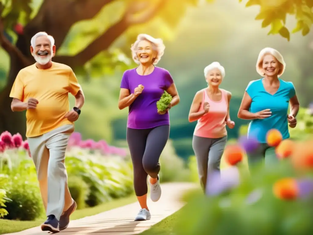 Un grupo de personas mayores disfruta de actividades al aire libre con sonrisas brillantes, mostrando la vitalidad y alegría de un estilo de vida activo y saludable, resaltando los beneficios de incorporar prebióticos y probióticos en la dieta.