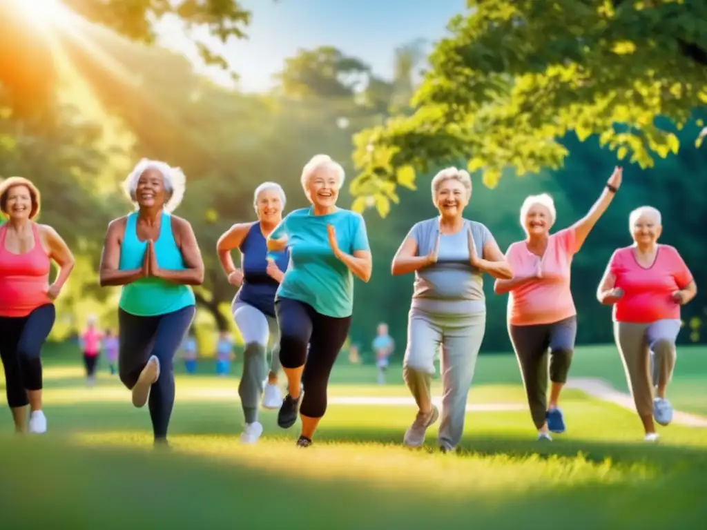 Un grupo de personas mayores participando en una animada clase de ejercicio al aire libre, con árboles verdes y un cielo azul de fondo. <b>Los ancianos están comprometidos en varias actividades como estiramientos, yoga y ejercicios suaves, vistiendo ropa deportiva colorida.</b> La luz del sol proyecta