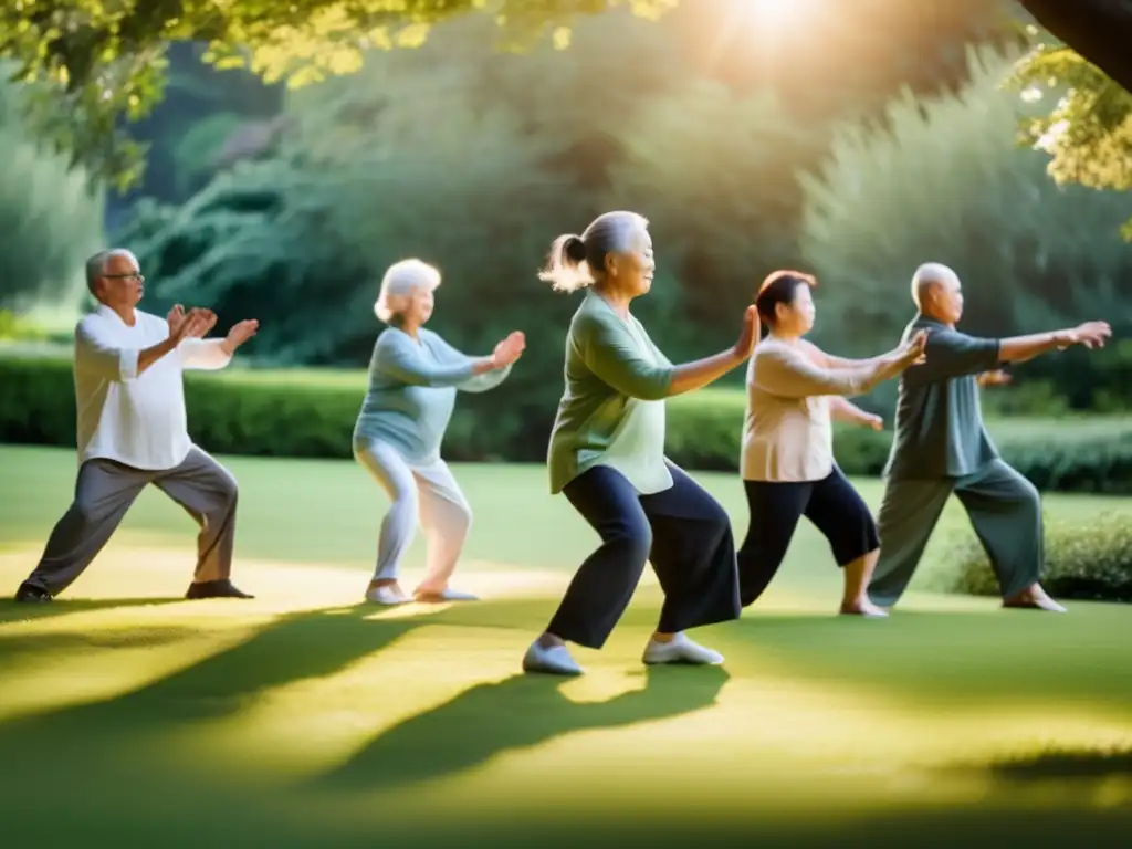 Un grupo de personas mayores practicando tai chi al aire libre en un jardín exuberante. El sol de la mañana ilumina la escena, transmitiendo vitalidad y armonía. <b>Suplementos fortalecer sistema inmune tercera edad.