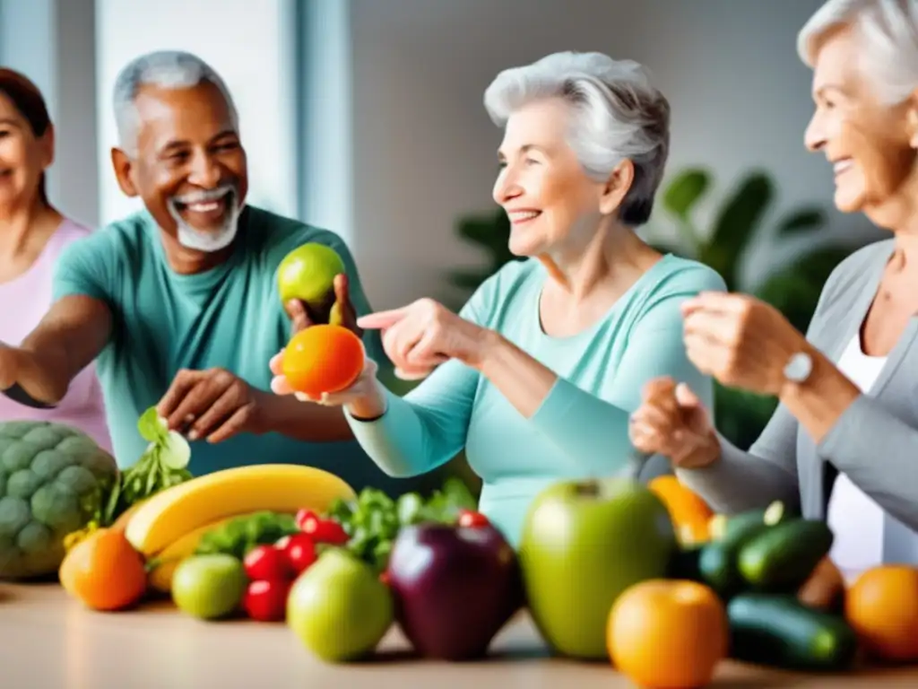 Un grupo de personas mayores participa en una clase de fitness rodeados de alimentos saludables y vibrantes. <b>Se enfocan en opciones saludables para el intestino, como yogur, kéfir y vegetales fermentados.</b> La imagen transmite vitalidad y bienestar holístico, con los adultos mayores participando activamente en actividades que promueven un