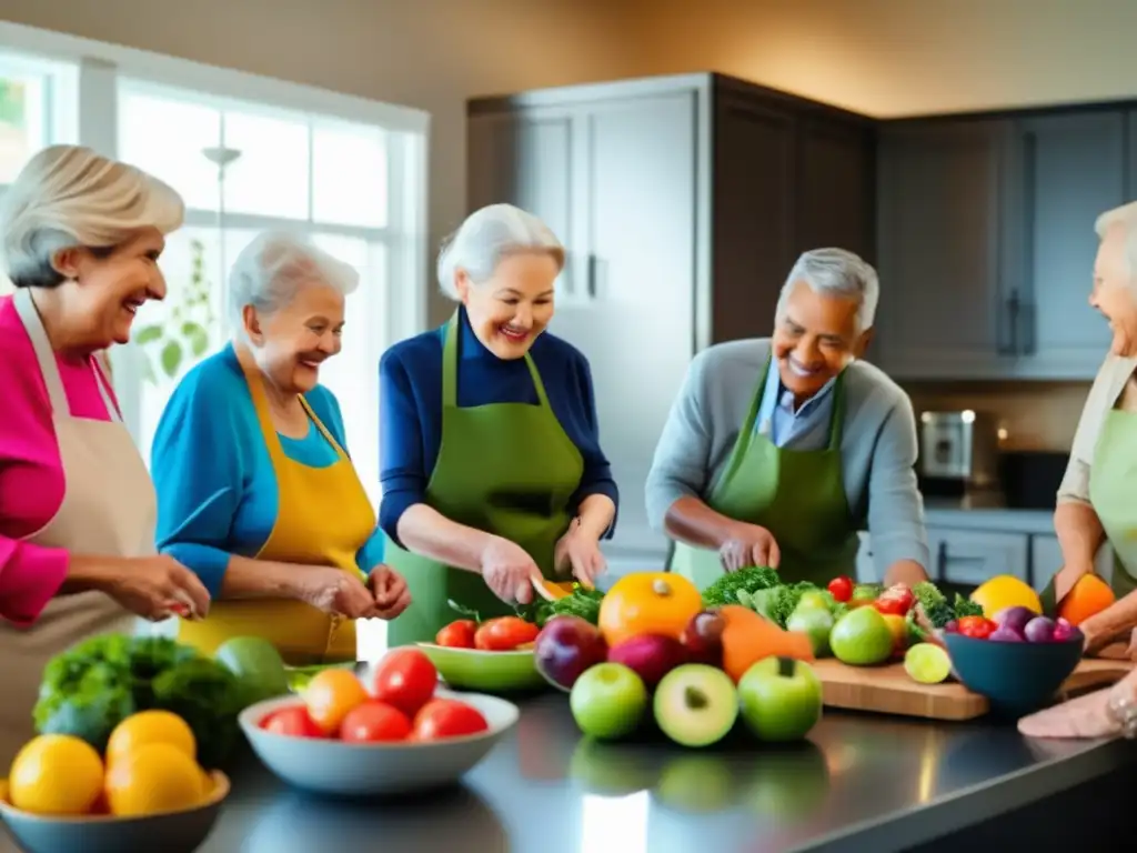 Un grupo de personas mayores participa en una clase de cocina, rodeados de frutas y verduras coloridas. <b>La cocina está iluminada por la luz natural, resaltando la alegría y camaradería mientras los adultos mayores se involucran en la actividad culinaria.</b> Cada participante está centrado y comprometido, mostrando