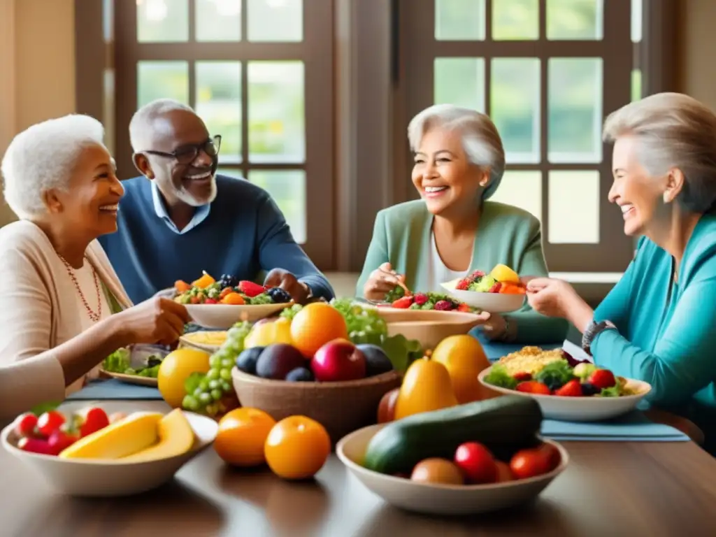 Un grupo de personas mayores disfruta de una comida colorida y nutritiva juntos, transmitiendo alegría y bienestar con una nutrición adecuada en la tercera edad.